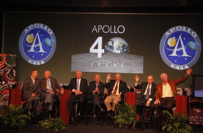 Apollo astronauts, from left: Walter Cunningham, Jim Lovell, Dave Scott, Buzz Aldrin, Charlie Duke, Tom Stafford, and Gene Cernan.