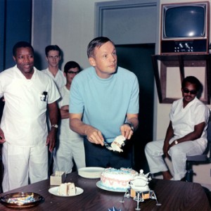Armstrong celebrates his 39th birthday with a surprise cake during the quarantine, August 5, 1969.