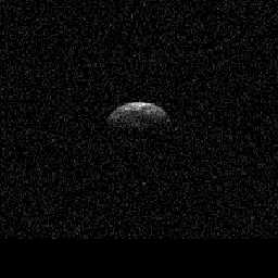 Combined radar images of the triple asteroid 1994 CC, taken last June. The large object is 700 meters wide, the two little ones about 50 meters. (Image:NASA/JPL/GSSR)