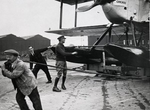 Pilot Lowell Smith oversees the movement of the Chicago before the flight to Scotland. Courtesy NASM.