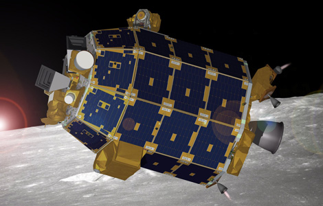 A NASA artist's conception of LADEE in lunar orbit.