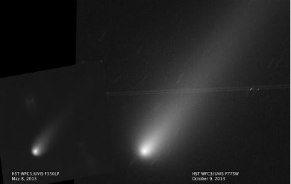 Hubble images of Comet ISON in May and October, showing the difference in brightness and relative size in the sky. Credit: NASA, ESA, and the Hubble Heritage Team (STScI/AURA)