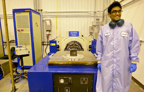 A boy and his cubesat: Asha Punnoose with the TJ3Sat. (Photo: Thomas Jefferson High School)
