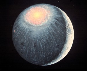 The Imbrium basin immediately after formation, ~3.85 billion years ago.  Artwork by Don Davis.