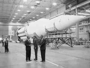 Wernher von Braun, President Kennedy and Vice-President Johnson at NASA -- feigning interest?